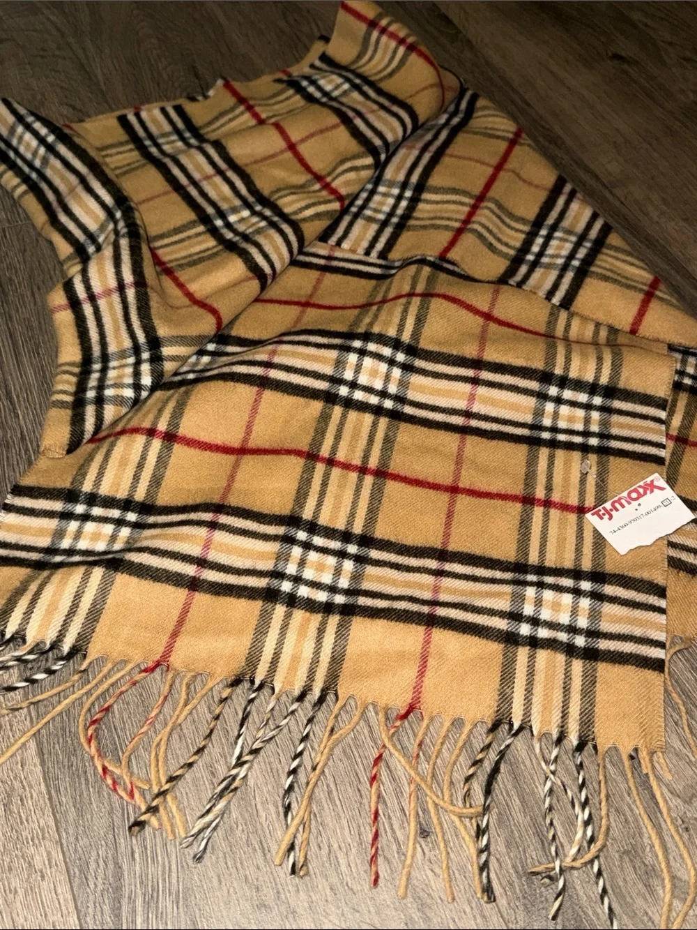 V. FRAAS Camel Plaid Scarf with Black & Red Accents nwt